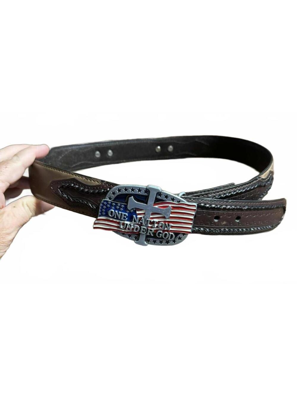 USA One Nation Under God Buckle SCHMIDT Genuine Leather Brown Men's Size 34